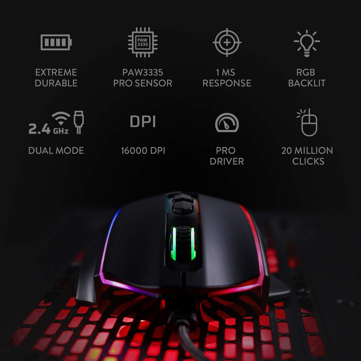 Redragon M686 Wireless Gaming Mouse, 16000 DPI Wired/Wireless Mouse with Professional Sensor, 45-Hour Durable Power Capacity, Customizable Macro and RGB Backlight for PC/Mac/Laptop - PuriLite