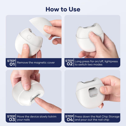 Electric Nail Clipper with USB Charging: Automatic Nail Clippers with Led Light - USB Rechargeable Safety Fingernail Trimmer for Baby Seniors Kids Adults (White, Medium) - PuriLite