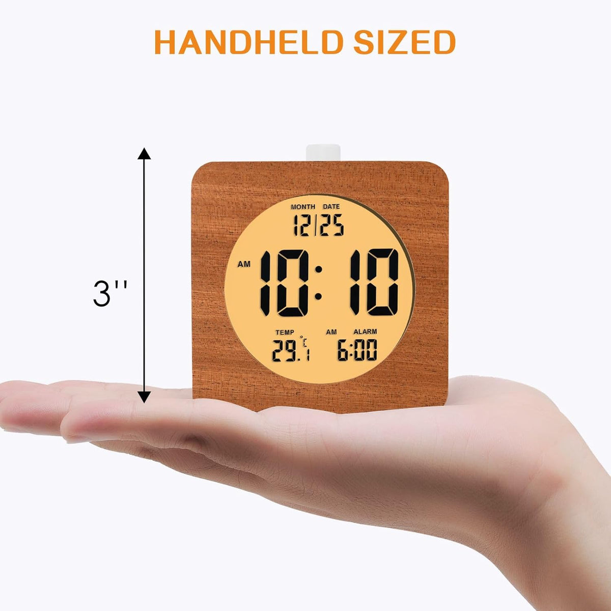 Plumeet Wooden Digital Alarm Clock for Bedrooms, Wood 4'' Battery Powered Alarm Clock with Snooze and Nightlight, Electronic LCD Desk Clock Display Time, Date, Temp, 12/24H, Wood Décor (Sapele, 3.2'') - PuriLite