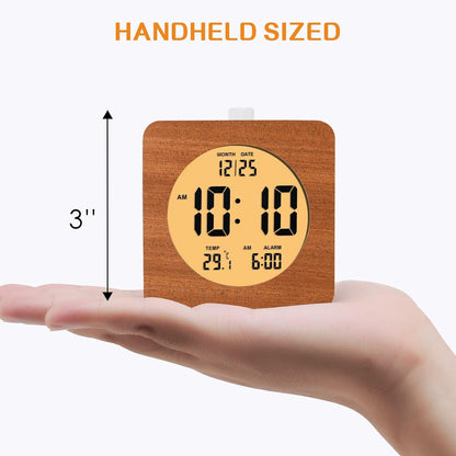 Plumeet Wooden Digital Alarm Clock for Bedrooms, Wood 4'' Battery Powered Alarm Clock with Snooze and Nightlight, Electronic LCD Desk Clock Display Time, Date, Temp, 12/24H, Wood Décor (Sapele, 3.2'') - PuriLite