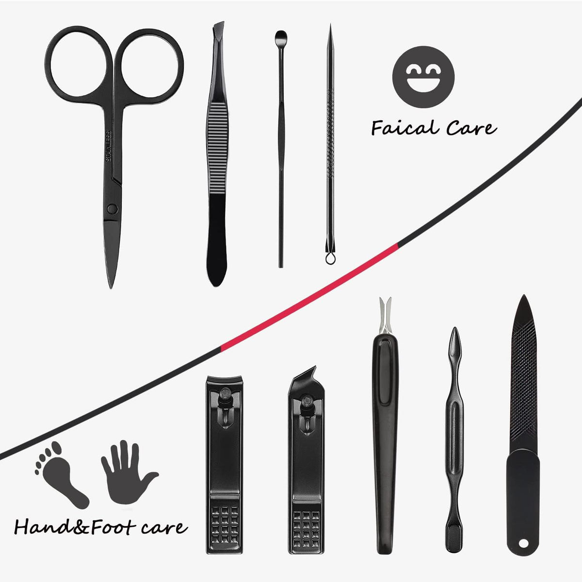 Manicure Set 9 in 1 Stainless Steel, Nail Clippers Scissors Pedicure Tools Kit - Portable Travel Grooming Kit for Men and Women with Black/Red Leather Case (Blue) - PuriLite