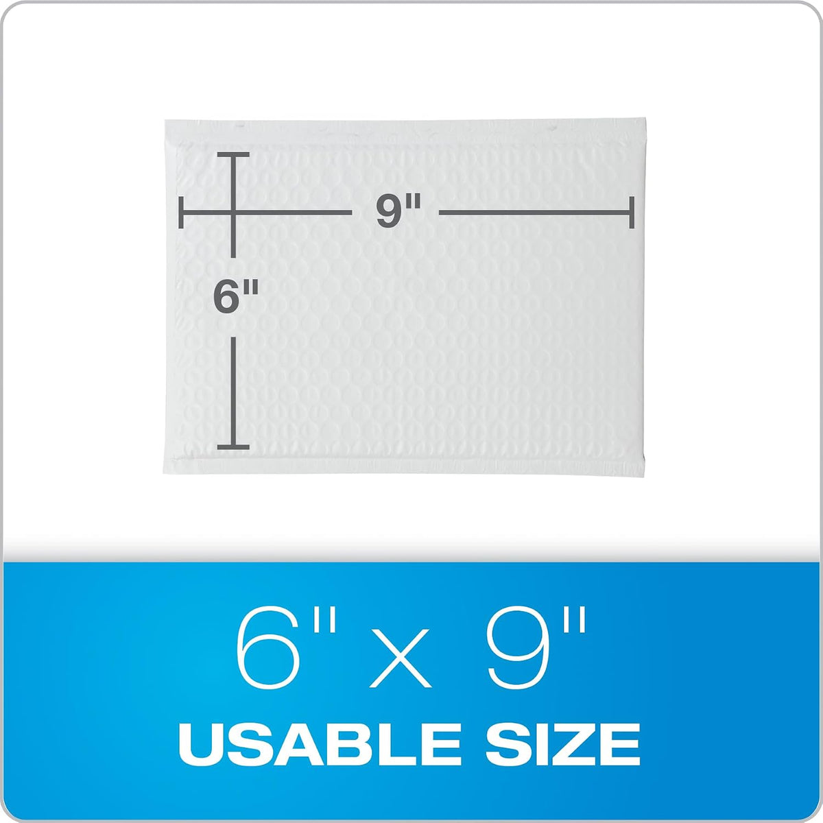 Quality Park Bubble Mailers, 6 x 9 Shipping Envelopes, Water Resistant White Poly Padded Envelopes, Redi-Strip Peel Off Closure, 50 Per Box (QUA85856)