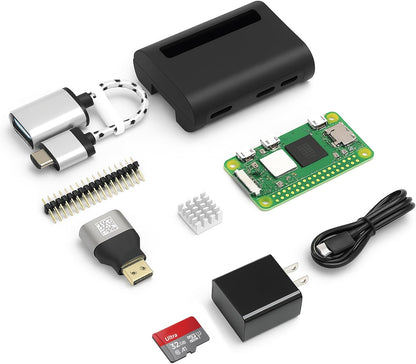 Pi Zero 2 W Base Kit - Includes Official Raspberry Pi Zero 2 W, Aluminum Alloy Mini HDMI to HDMI Adapter, Glossy Black Case, Heat Sink, Color-Coded 20-Pin GPIO Header, and Micro USB OTG Cable - PuriLite