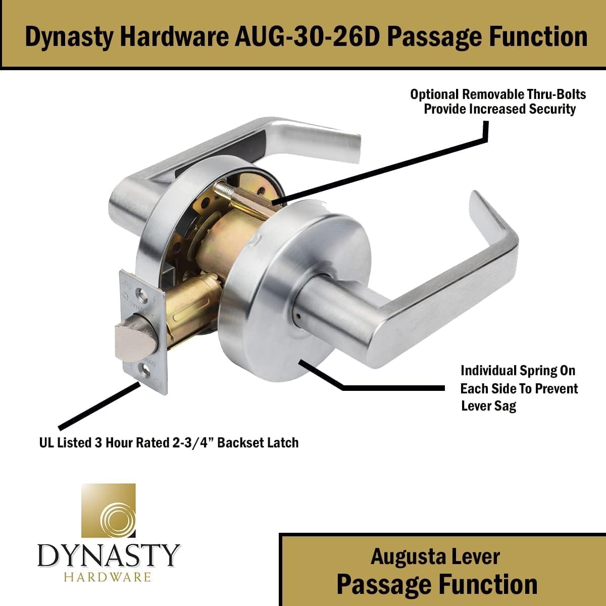 Dynasty Hardware AUG-00-26D Grade 2 Commercial Duty Office Door Keyed Lever Lockset, ADA, Satin Chrome Finish - PuriLite