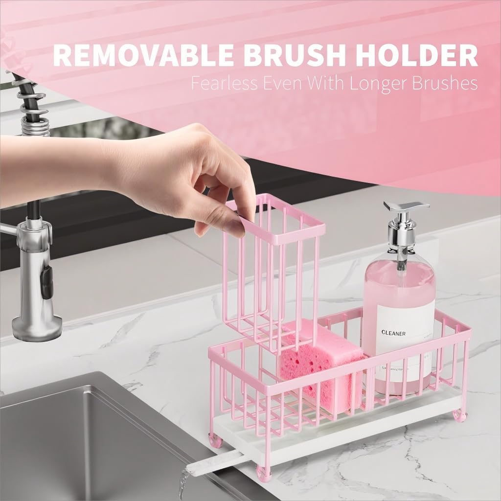 Cisily Sponge Holder for Kitchen Sink, Sink Caddy with High Brush Holder, Organzier Rustproof 304 Stainless Steel Dish Organizer Divider, Soap Dispenser Storage (Black) - PuriLite