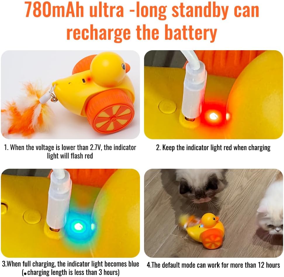 Interactive Cat Toys for Indoor Cats, Automatic Moving Cat Toy with Laser, Rechargeable Random Movement Duck Cat Toy for Bored Cats/Kittens/Dogs, with 4 Replaceable Tails (Worm, Feather, Fish) - PuriLite