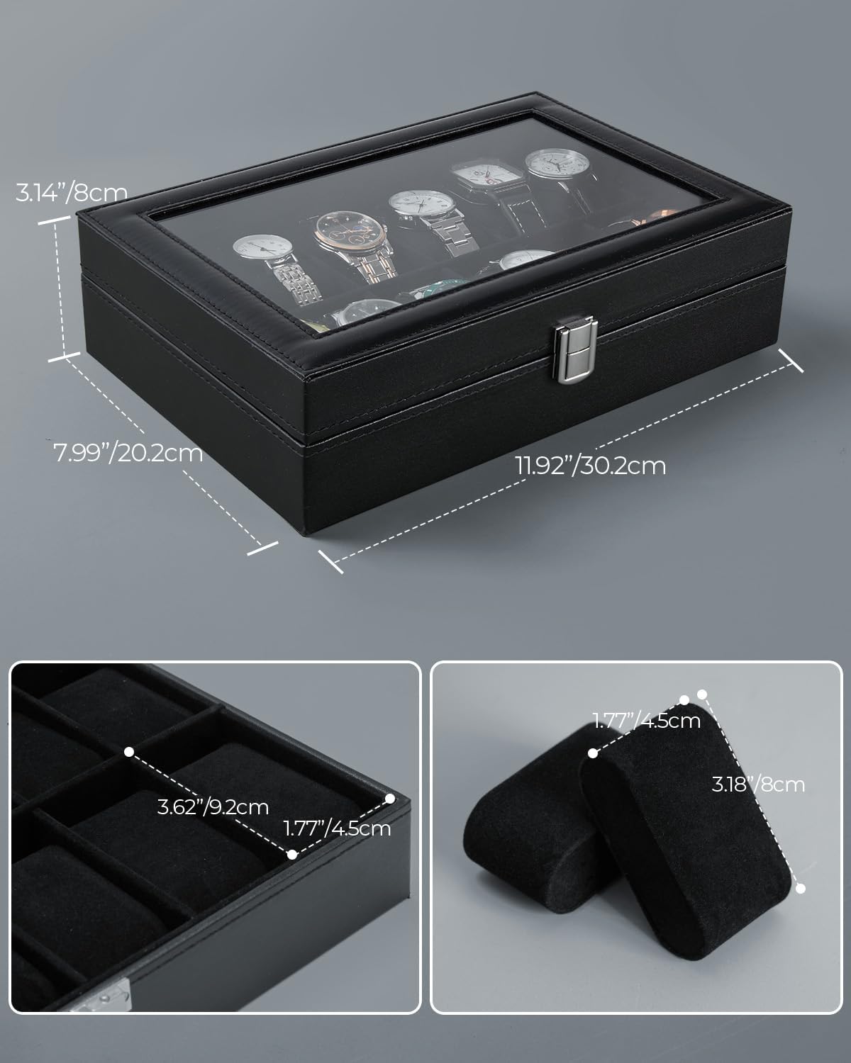 Ohuhu Watch Box Organizer for Men -12 Slot Leather Watch Case with Real Glass Lid Watch Display Case, Watch Organizer Jewelry Storage Box - PuriLite