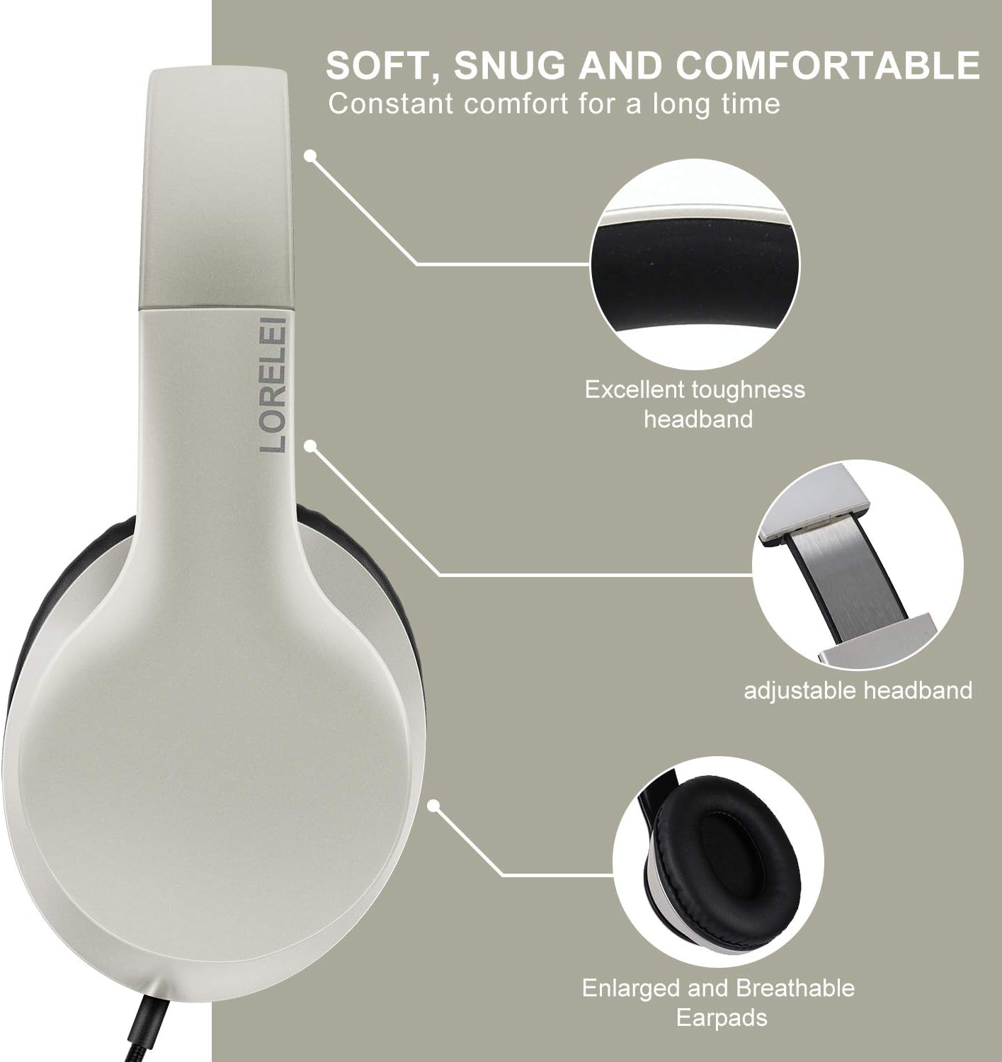 LORELEI X6 Over-Ear Wired Stereo Bass Headphones with Microphone, Lightweight, Foldable & Portable with 1.45M No-Tangle for Smartphone, Tablet, MP3/4, Space Black - PuriLite