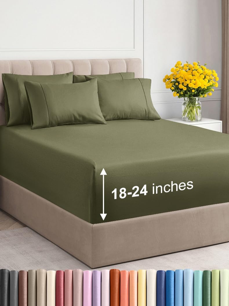 Extra Deep Queen Sheet Set - 6 Piece Breathable & Cooling Sheets - Hotel Luxury Bed Sheets Set - Easy & Secure Fit - Soft, Wrinkle Free & Comfy Sheets Set - White Sheet Set w/Extra Deep Pockets - PuriLite