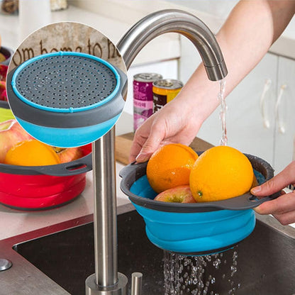 Collapsible Colander, BESUNTEK Strainer Set Round Food Silicone Kitchen for Draining Pasta, Vegetable and Fruit 2 pcs 4 Quart and 1 pcs 2 Quart (Orange + Green + Blue) - PuriLite