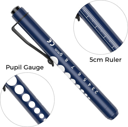 RISEMART Pen Lights for Nurses, 2 Pack Reusable Medical Light with Pupil Gauge and Ruler, White Light LED Penlight for Student Doctors EMT (Black/White) - PuriLite