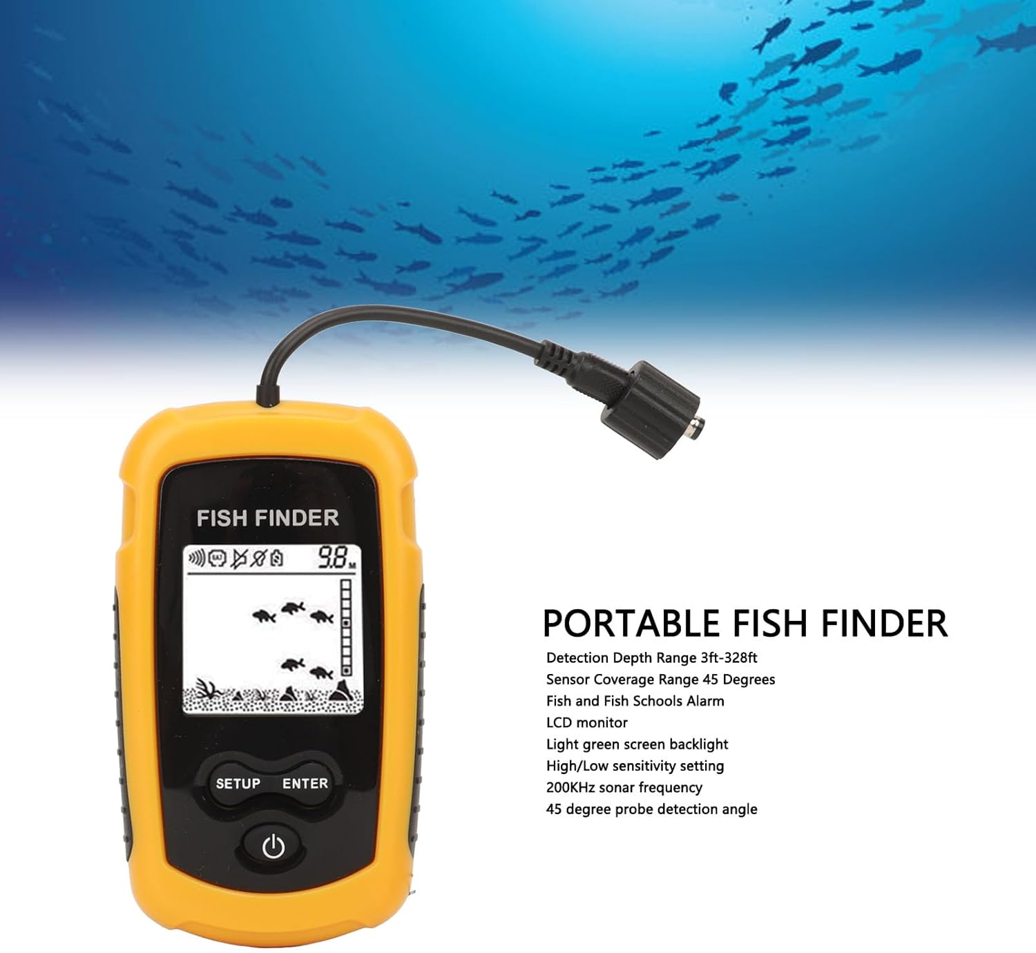 Portable Fish Depth Finder Sensitive Electronic Fishing Alarms Indicator LCD Display Handheld Fish Finder 200khz Sonar Frequency Castable Kayak Boat Fishfinder - PuriLite