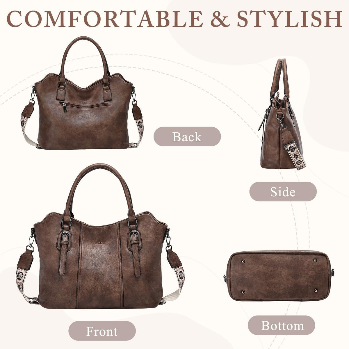 Hobo Bags for Women,VASCHY Vegan Leather Handbag Purse Top Handle Satchel Boho Shoulder Bag with Crossbody Guitar Strap - PuriLite