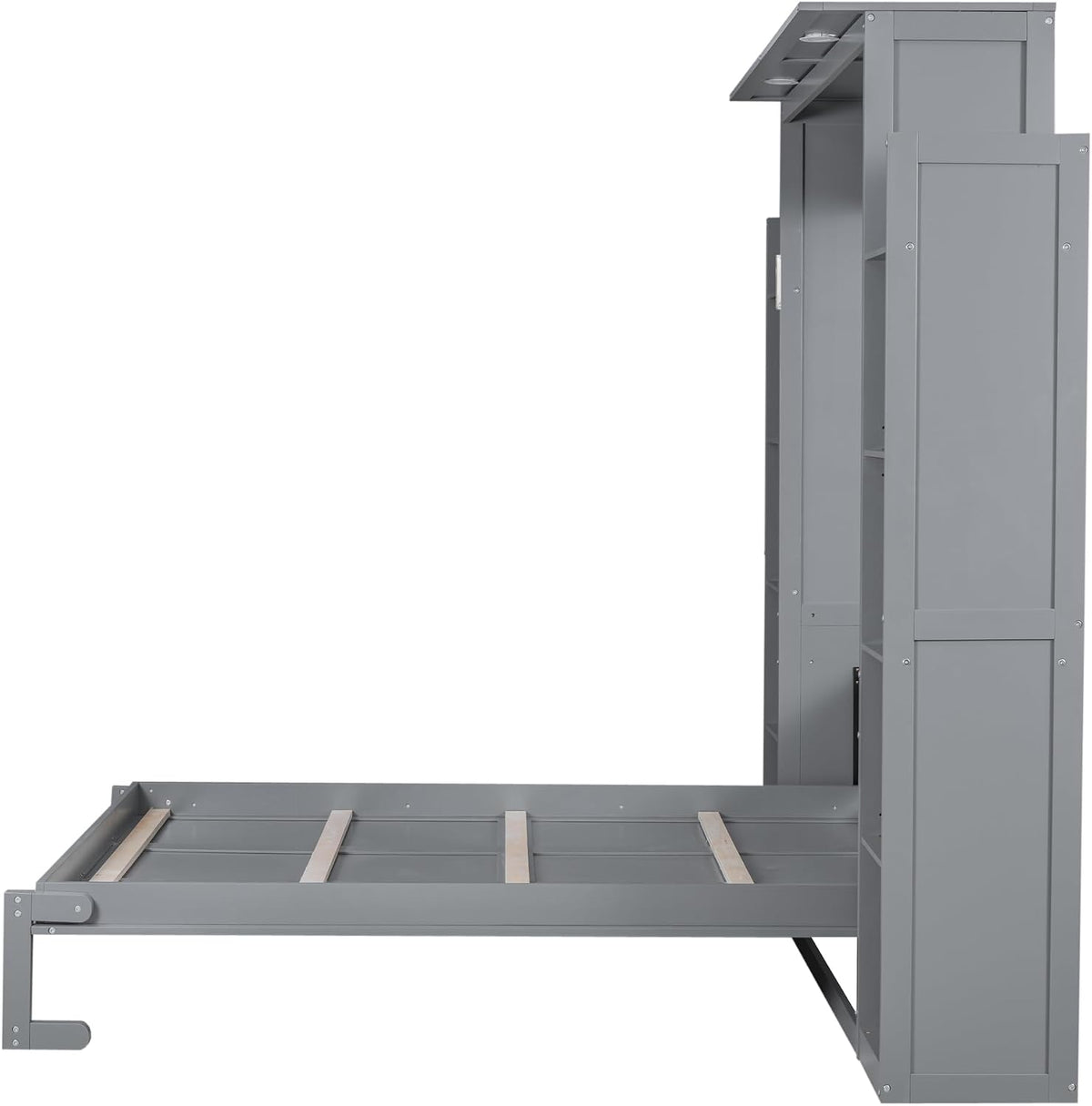 Merax Queen Size Murphy Bed with 2 Five-Layer Cabinet, Wall Bed with Shelves and Lights, Foldable Platform Bed Folded into Cabinet for Guest Room, Home and Office (Gray)