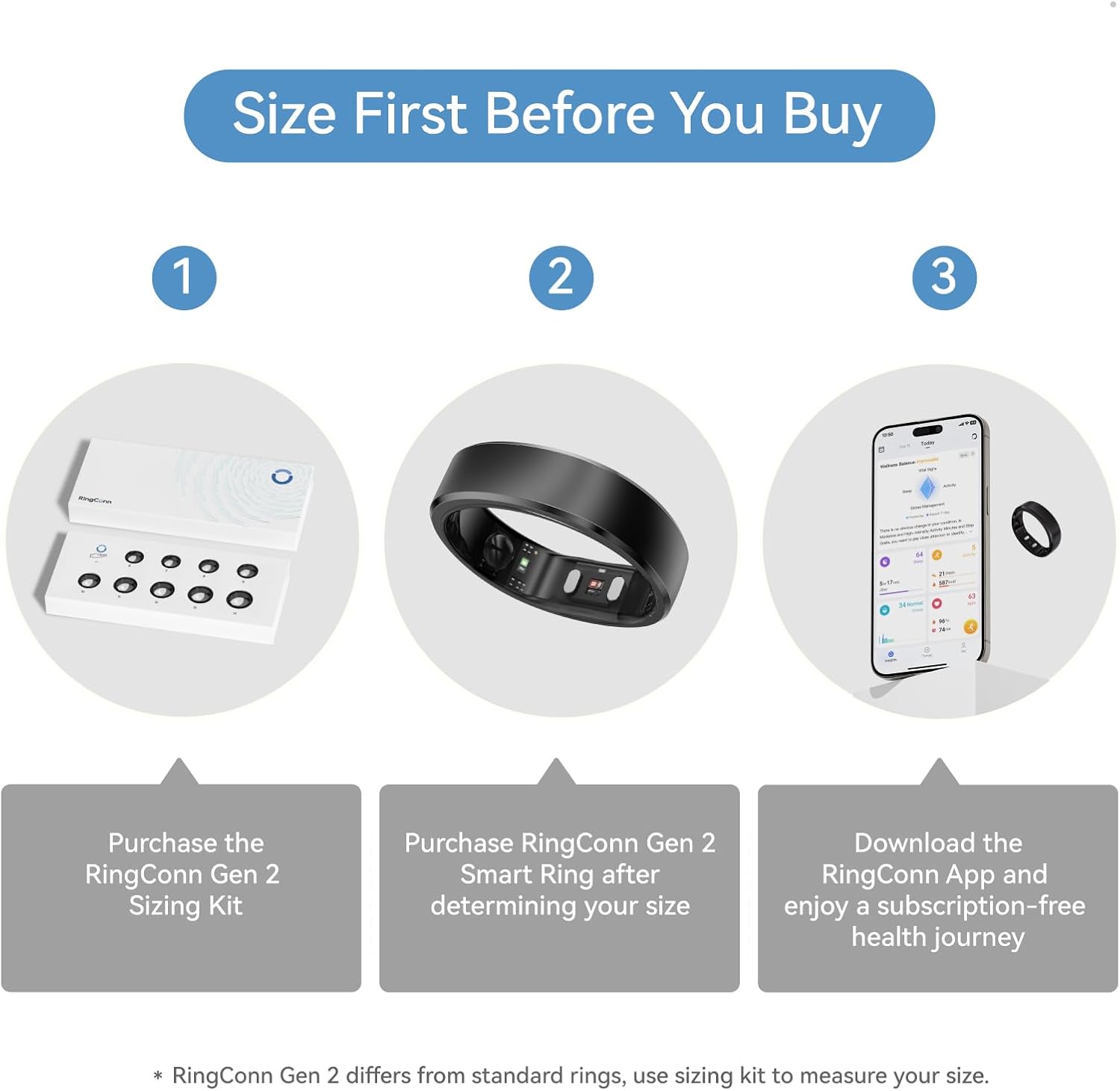 RingConn Gen 2 Smart Ring, No App Subscription, Size First with Sizing Kit, 12-Day Battery Life, Stress/Women's Health Tracker, Compatible with Android & iOS (Black, Size 8) - PuriLite