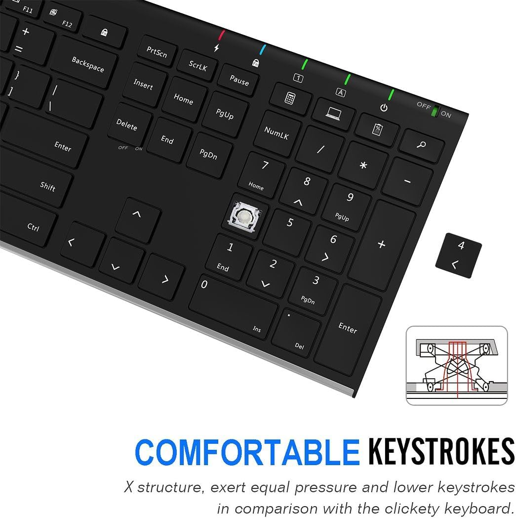 Arteck 2.4G Wireless Keyboard Stainless Steel Ultra Slim Full Size Keyboard with Numeric Keypad for Computer/Desktop/PC/Laptop/Surface/Smart TV and Windows 10/8/ 7 Built in Rechargeable Battery - PuriLite