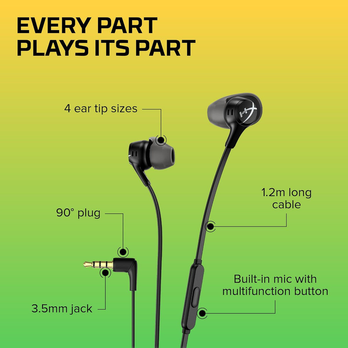 HyperX Cloud Earbuds II – 14mm Drivers, Four Eartips, Hard-Shell Carrying Case, Low-Profile 90° Plug, 3.5mm Plug, Built-in Microphone, Multi-Function Button, PC, Mobile, Nintendo Switch – Black - PuriLite