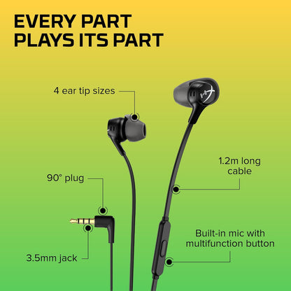 HyperX Cloud Earbuds II – 14mm Drivers, Four Eartips, Hard-Shell Carrying Case, Low-Profile 90° Plug, 3.5mm Plug, Built-in Microphone, Multi-Function Button, PC, Mobile, Nintendo Switch – Black - PuriLite