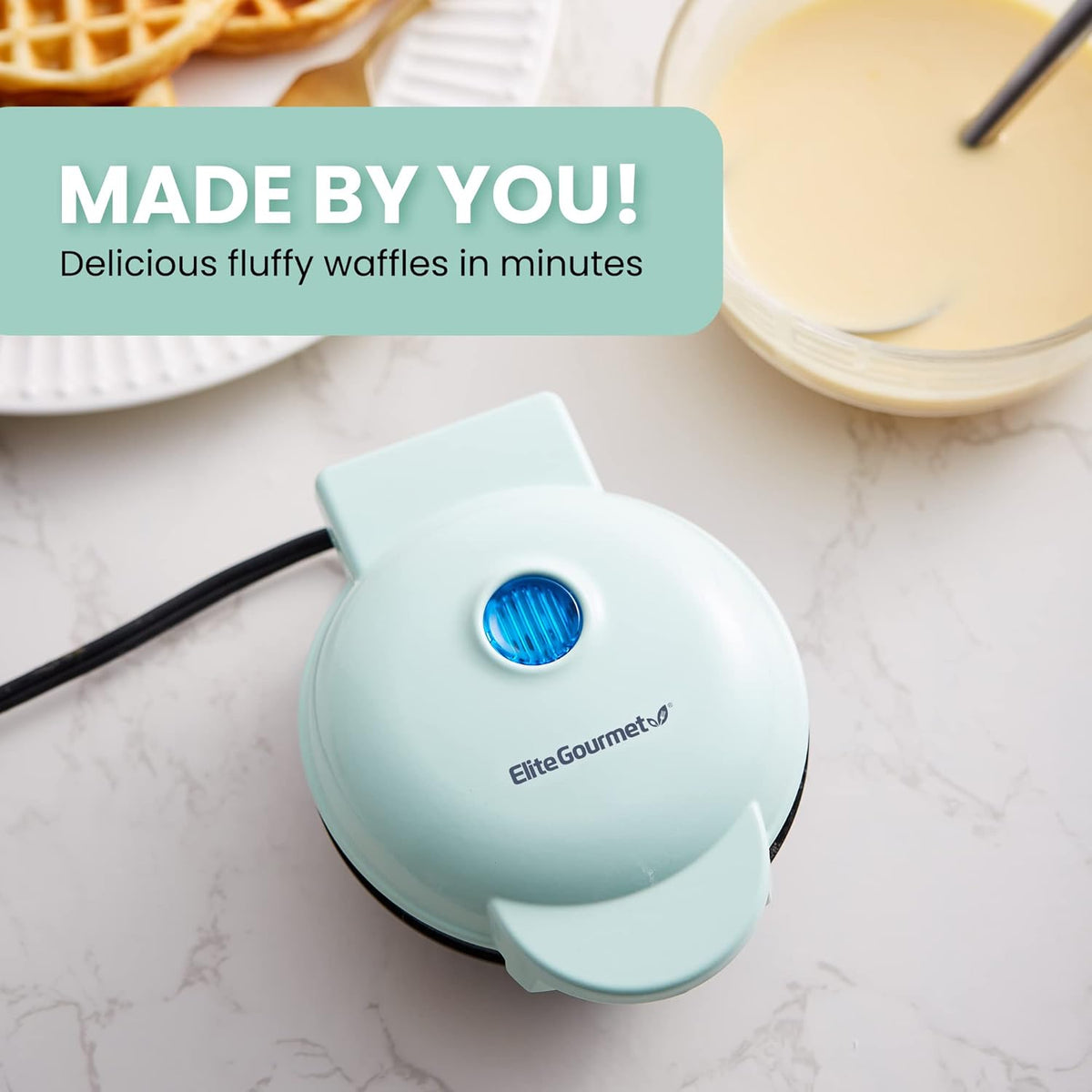 Elite Gourmet EWM015M Electric Nonstick Mini Waffle Maker, Belgian Waffles, Compact Design, Hash Browns, Keto, Snacks, Sandwich, Eggs, Easy to Clean, Mint - PuriLite