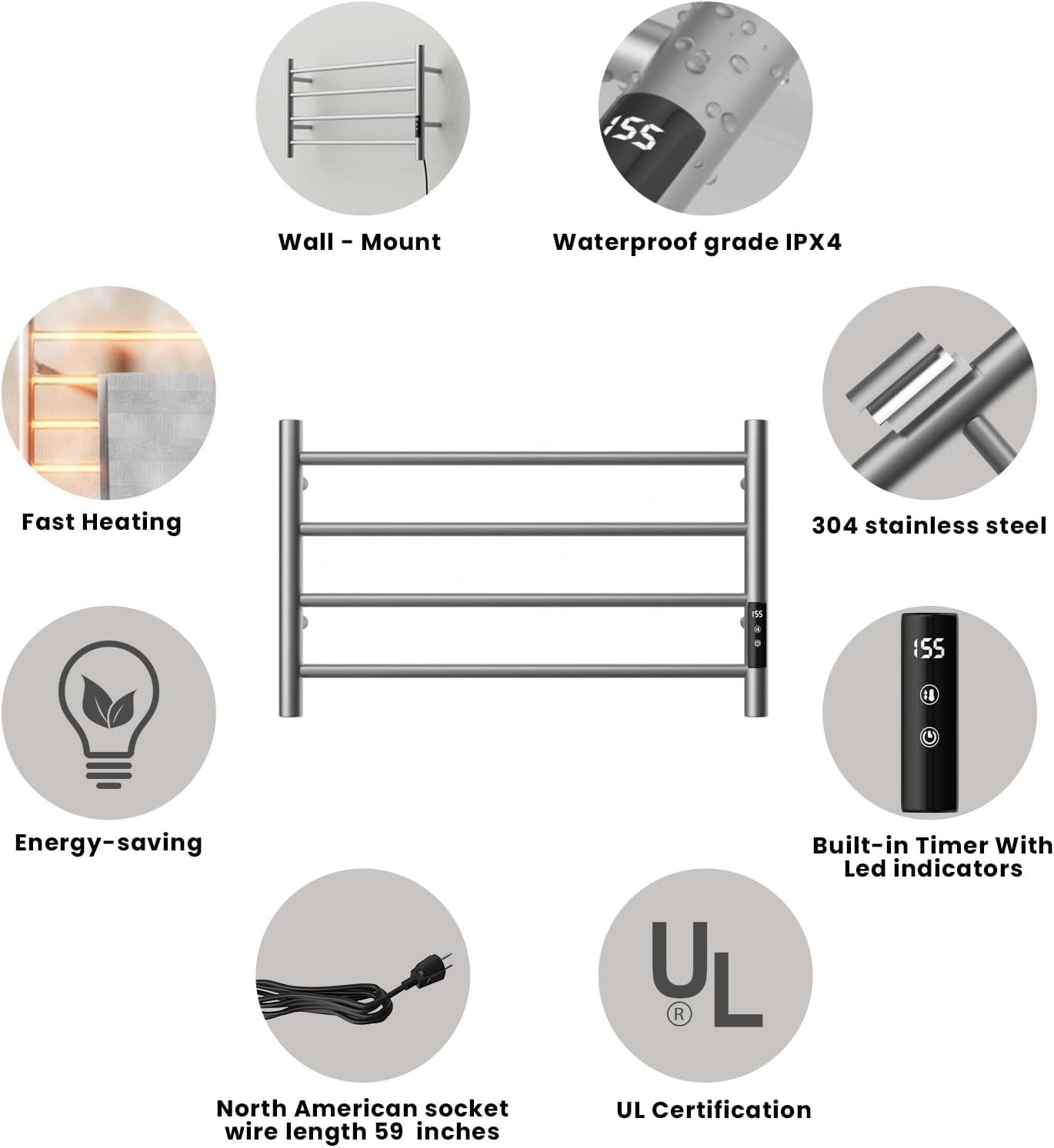 POPFLY Heated Towel Rack, Wall Mounted Electric Hot Towel Warmer, 4-Bar 304 Stainless Steel Small Heated Towel Warmer Rack for Bathroom with Timer and Temperature Control, Brushed - PuriLite