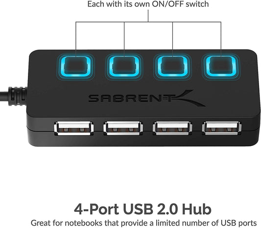 SABRENT USB hub, USB Adapter 2.0, 4 Port USB Extension with ON/Off switches, Multiple USB Splitter for SSD, PS4 PS5, PlayStation 5, Laptop, PC, Printer, MacBook, USB Stick, Notebook (HB-UMLS)