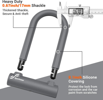 Sportneer Bike Lock: 17mm Heavy Duty Bike U Lock - High-Security Anti-Theft with 12mm x1.5m Steel Cable, 8''x5'' Compact Design, Includes Mounting Bracket for Mountain/Road/Folding/Electric Bikes - PuriLite