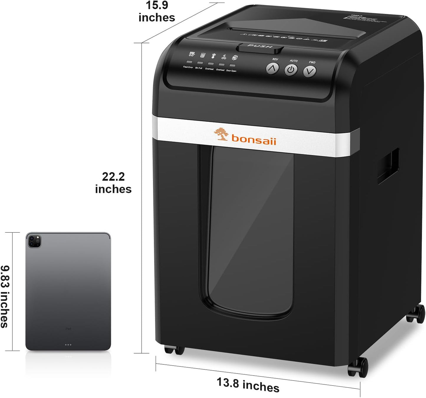 Bonsaii 200-Sheet Auto Feed Paper Shredder, 60 Minutes Nonstop Heavy Duty Shredders, 8.1 Gallon Large Bin Office Document Shredder, Micro-Cut/High Security P-4 Commercial Grade Shredder (C283-A) - PuriLite