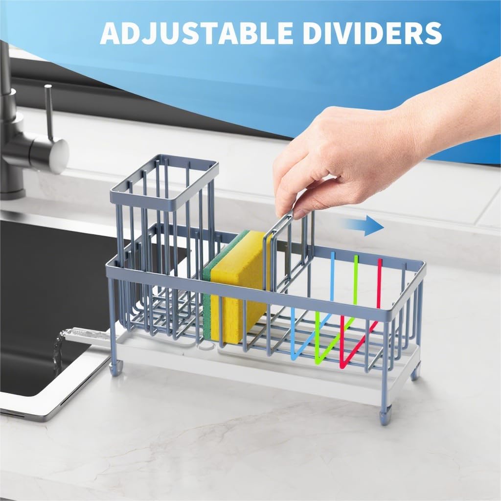 Cisily Sponge Holder for Kitchen Sink, Sink Caddy with High Brush Holder, Organzier Rustproof 304 Stainless Steel Dish Organizer Divider, Soap Dispenser Storage (Black) - PuriLite