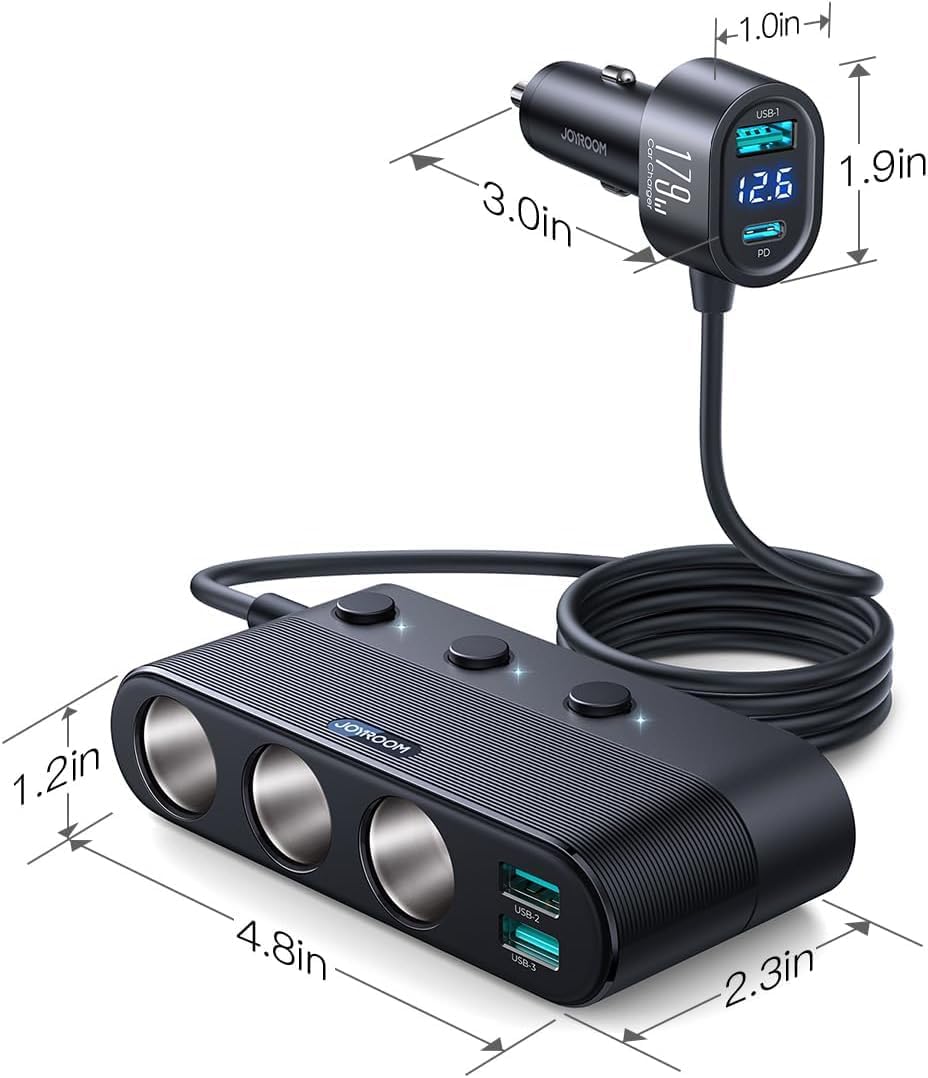 [Upgraded 179W] 7 in 1 Cigarette Lighter Adapter, JOYROOM Car Charger Adapter with PD30W Charge(3.3FT Cable), 24V/ 12V Cigarette Lighter Splitter with Independent Switches & LED Voltage Display - PuriLite