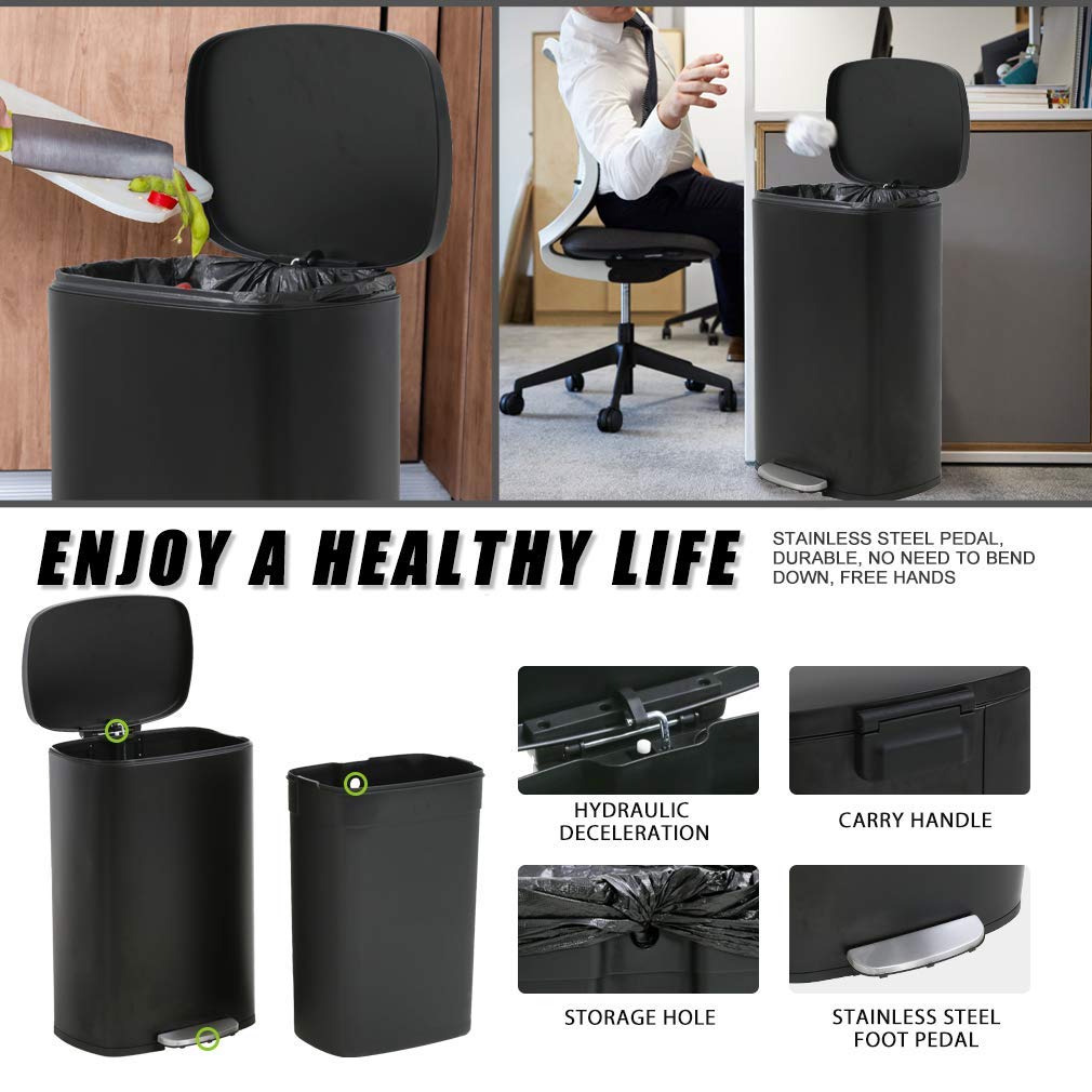 13 Gallon/50 L Garbage Can Kitchen Trash Can with Lid for Office Bedroom Bathroom Step Trash Bin Fingerprint-Proof Brushed Stainless Steel - PuriLite