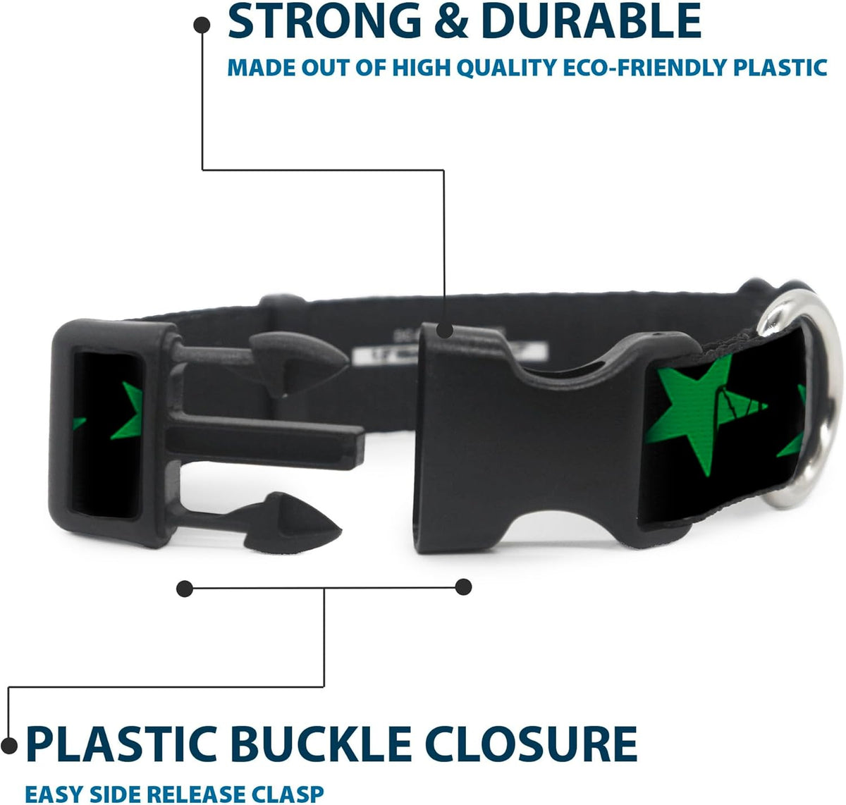 Buckle-Down PC-W21909-M Dog Collar Plastic Clip Buckle, 1"x11"-17", Star Black/White - PuriLite