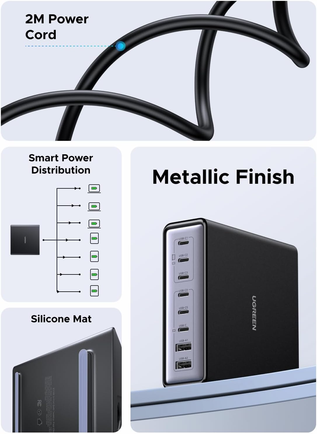 UGREEN 200W 8-Port GaN USB C Charger Block, Desktop Charging Station USB C and USB PD 100W Fast Charging Compatible for MacBook Pro 16" Air, XPS 13, iPad Pro, iPhone 16 Pro, Galaxy S25 - PuriLite