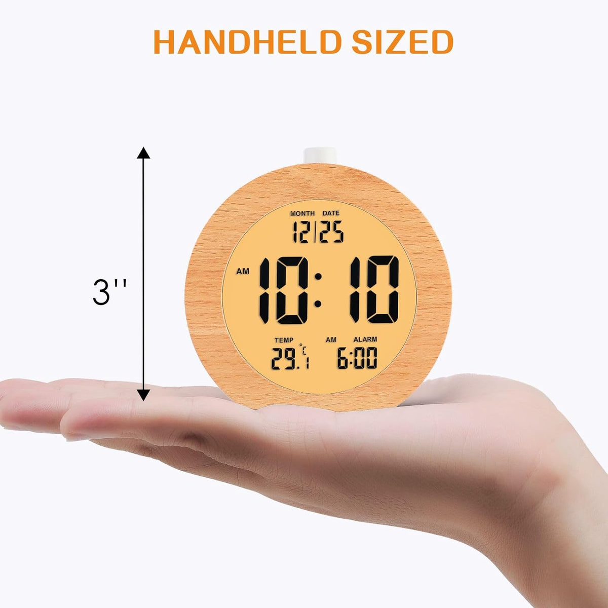 Plumeet Wooden Digital Alarm Clock for Bedrooms, Wood 4'' Battery Powered Alarm Clock with Snooze and Nightlight, Electronic LCD Desk Clock Display Time, Date, Temp, 12/24H, Wood Décor (Sapele, 3.2'') - PuriLite