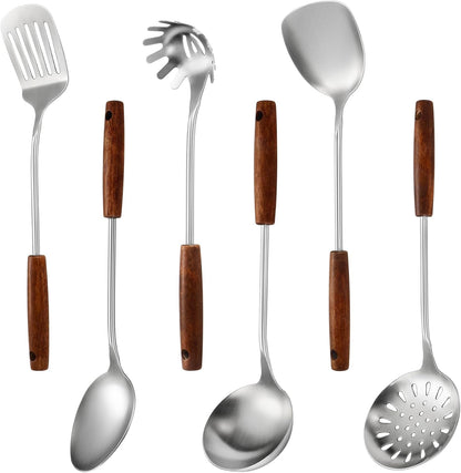 304 Stainless Steel Kitchen Utensils Set, 6 Pcs Long Cooking Utensils Set with Wooden Handle, Large Heat Resistant Kitchen Tools(Dishwasher Safe) - PuriLite