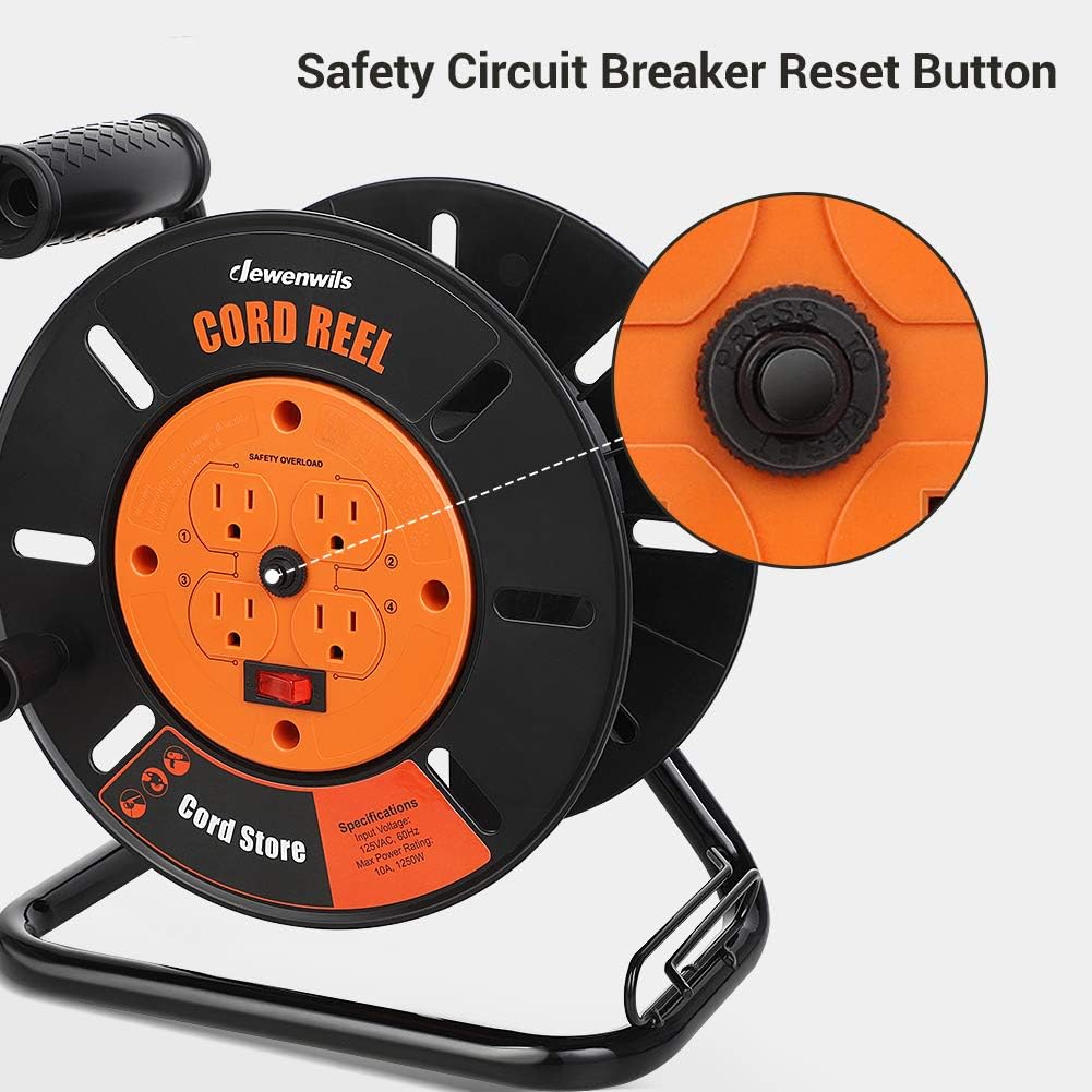 DEWENWILS Extension Cord Storage Reel with 4-Grounded Outlets, Heavy Duty Open Cord Reel for 12/3,14/3,16/3 Gauge Power Cord, Hand Wind Retractable, 10A Circuit Breaker, Rocker Power Switch - PuriLite