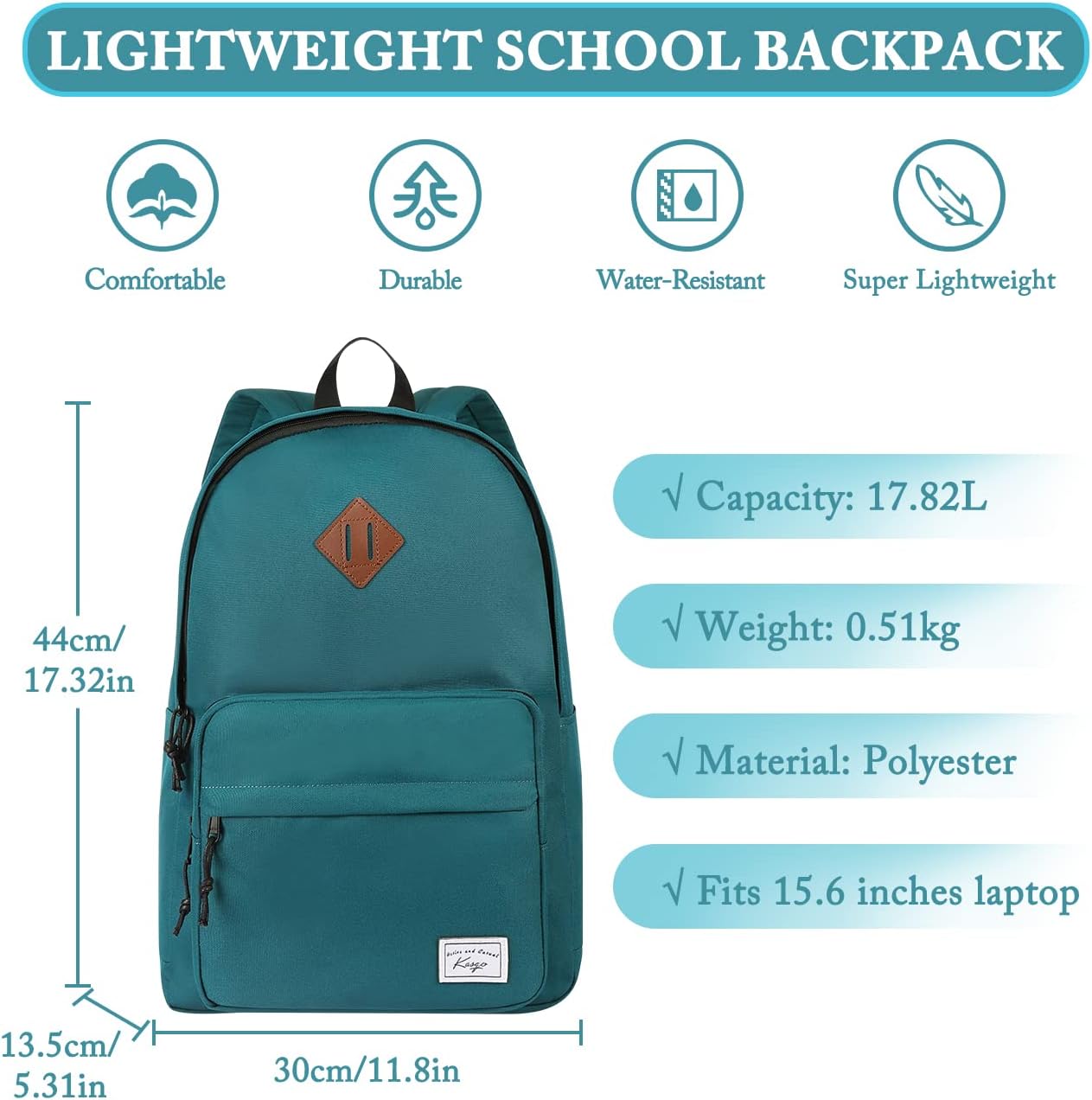 School Backpack, Kasqo 15.6 Inch Classic Lightweight Water-Resistant Backpack for Men Women Teens Girls Boys Kids to School, College, Travel, Work, Black - PuriLite