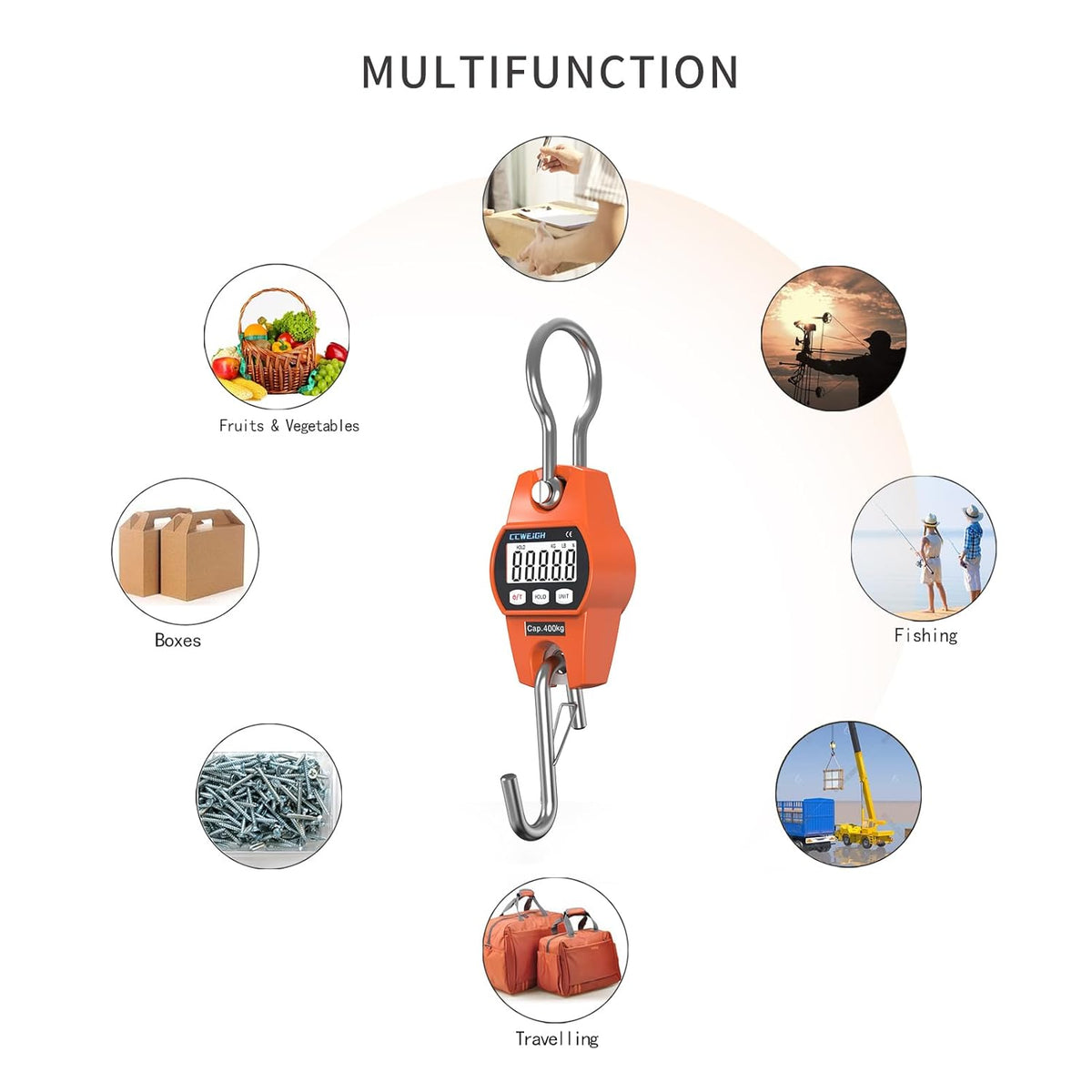 Digital Hanging Scale 881 Lb 400 Kg Hanging Digital Scale, Handheld Mini Crane Scale with Hooks for Farm Hunting Fishing Outdoor - PuriLite
