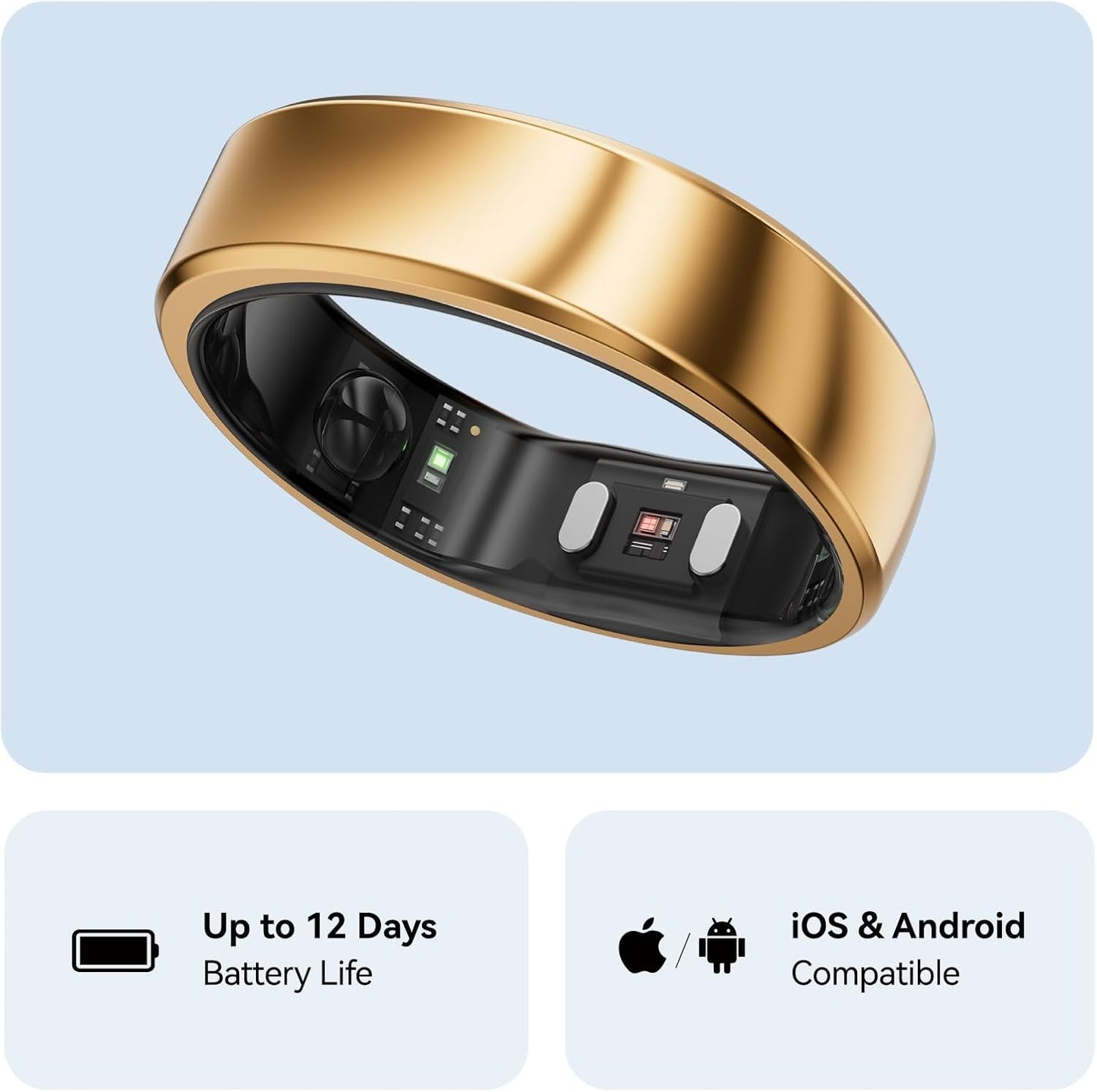 RingConn Gen 2 Smart Ring, No App Subscription, Size First with Sizing Kit, 12-Day Battery Life, Stress/Women's Health Tracker, Compatible with Android & iOS (Black, Size 8) - PuriLite