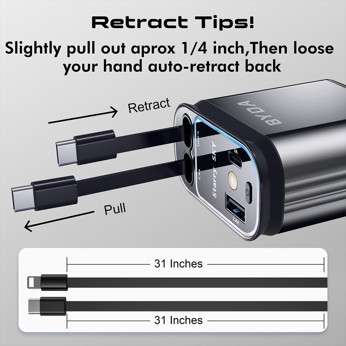 4 in 1 Retractable Car Charger 69W with Starry Light,69W Fast Charging USB C for iPhone 16/15/14/13/12,Pixel, Cigarette Lighter Charger,180° Adjustable Plug,Multi-Device Support - PuriLite