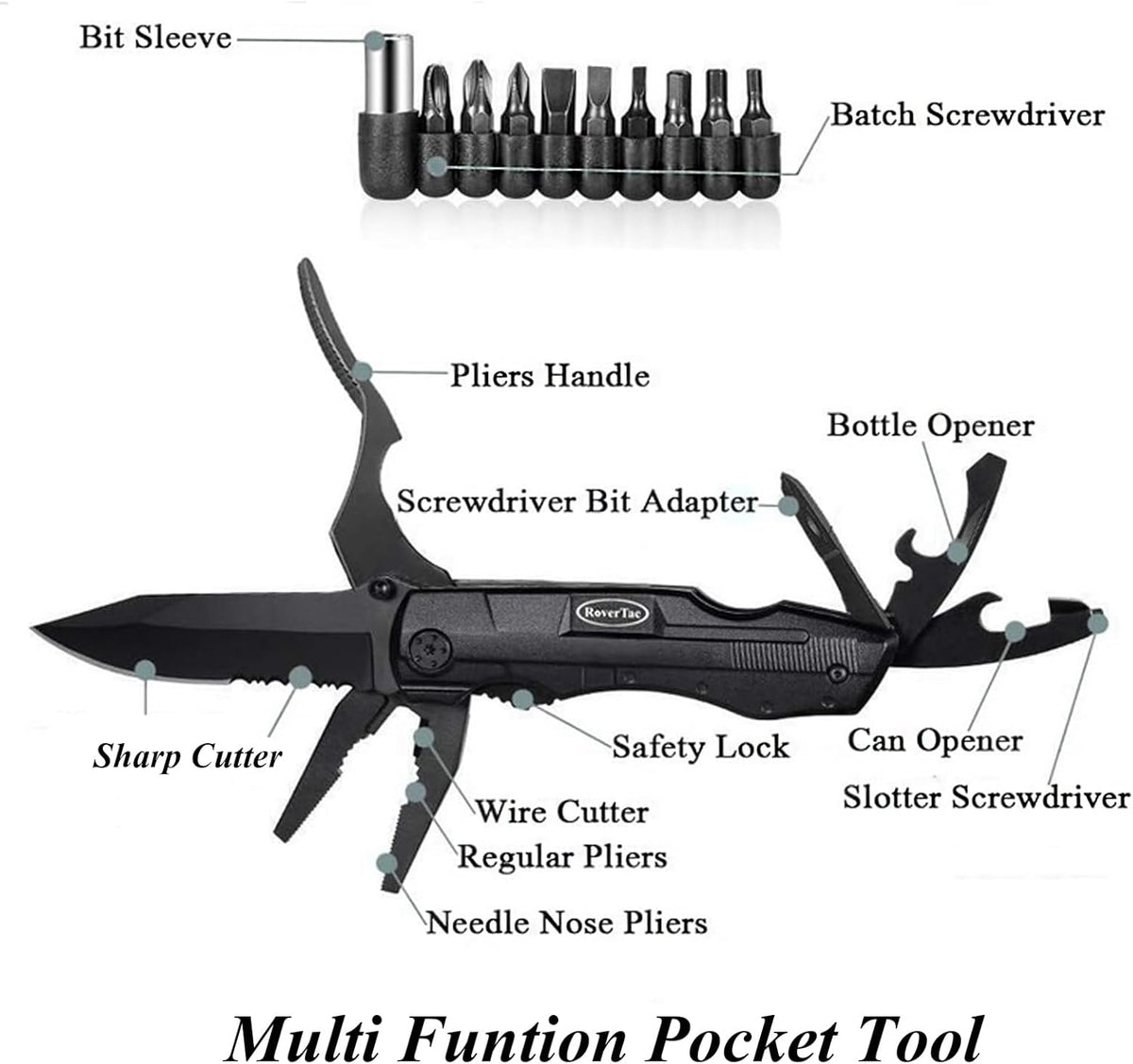 RoverTac Pocket Knife Tactical Folding Knife Multi Tool Survival Camping Knife, Multitool Knife Pliers Bottle & Can Opener 9-Pack Screwdrivers Liner Lock Nylon Sheath, Pocket Knife for Camping Hiking - PuriLite