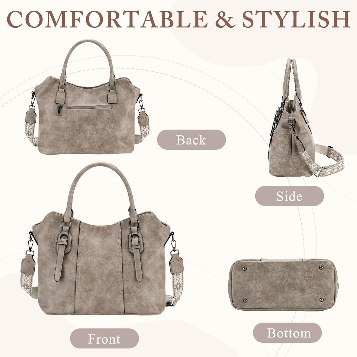 Hobo Bags for Women,VASCHY Vegan Leather Handbag Purse Top Handle Satchel Boho Shoulder Bag with Crossbody Guitar Strap - PuriLite