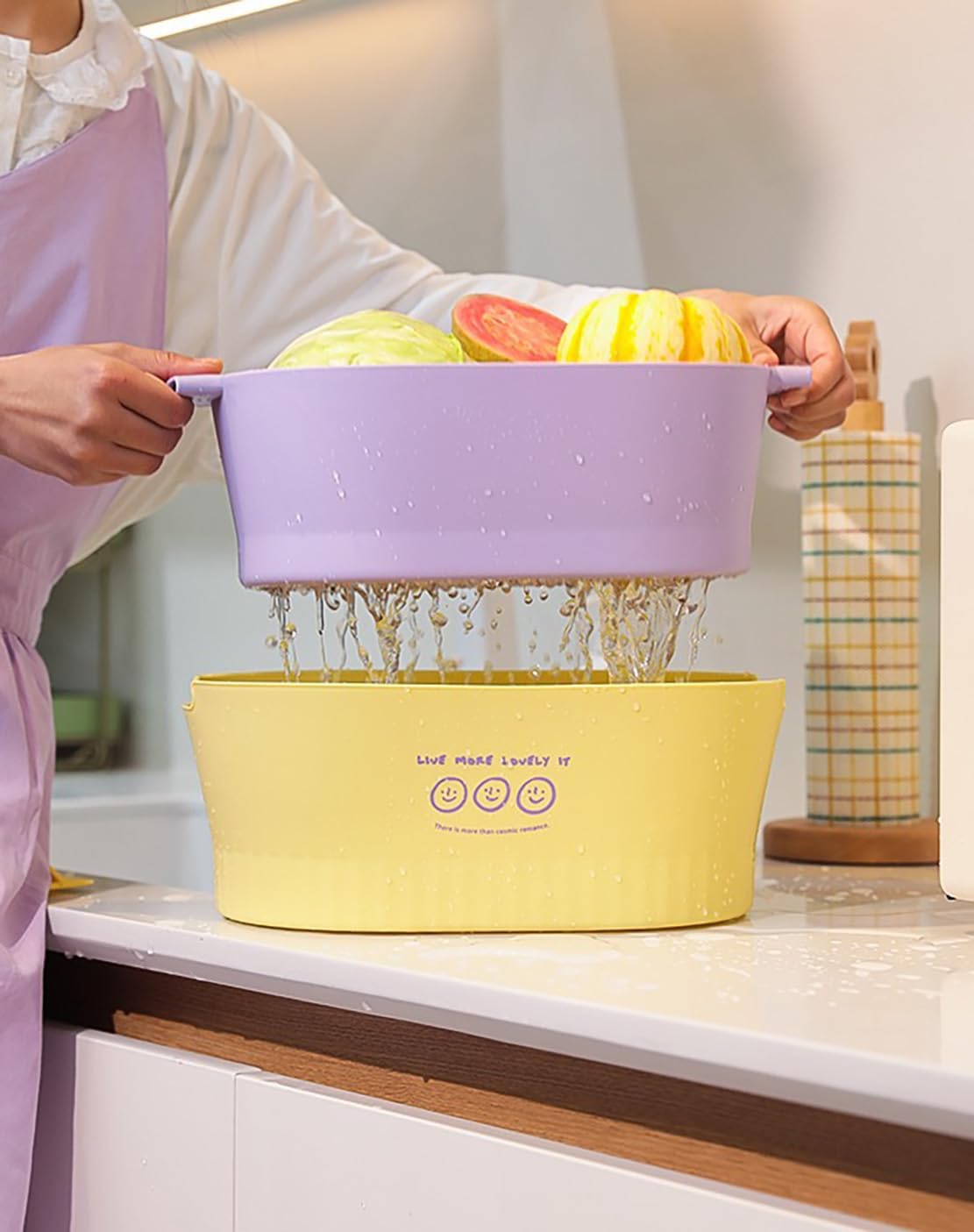 Kitchen Washbas Food Strainer Drain Basket Rotating Drainer Double-Layer Basin Vegetable Fruit Washing Strainer - PuriLite