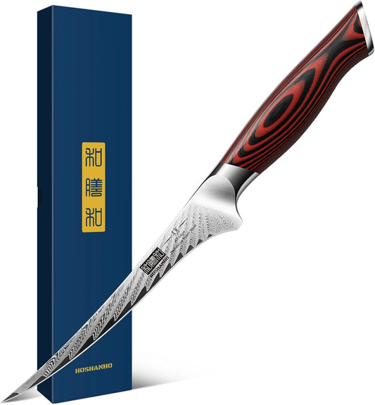 HOSHANHO Fillet Knife 7 Inch, Damascus Steel Boning Knife, Professional Fish Fillet Knife for Meat Chicken Cutting, Meat Knife with G10 Ergonomic Handle - PuriLite