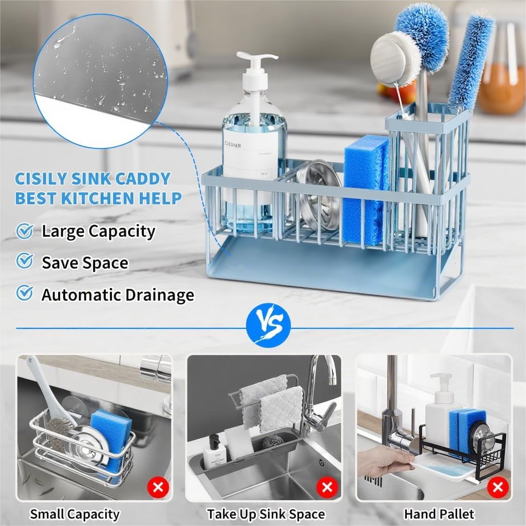 Cisily Kitchen Sink Caddy Organzier with High Brush Holder, Sponge Holder for Sink, 304 Rustproof Stainless, Kitchen Countertop Soap Dispenser Organizer, Kitchen Decor and Accessories (Black) - PuriLite