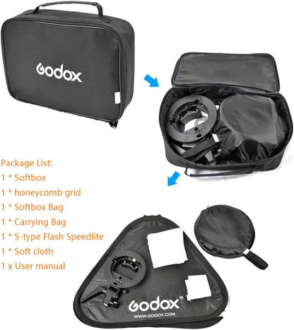 Godox S Type Bracket Bowens Holder S Mount Holder with Foldable 40x40cm /15.7x15.7 inches Softbox and Honeycomb Grid & Bag Kit for Flash Camera Studio Photography - PuriLite