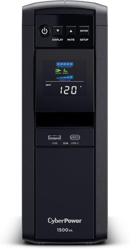 CyberPower CP1500PFCLCD PFC Sinewave UPS System, 1500VA/1000W, 12 Outlets, AVR, Mini Tower, Black - PuriLite