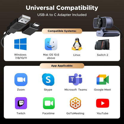 UGREEN 4K Webcam for PC Ultra HD 1080P 60FPS Web Camera with Microphone, Privacy Cover, 70° Fov, PDAF Autofocus, USB A and USB C Adapter, Plug & Play, for Streaming, Conference, Zoom - PuriLite