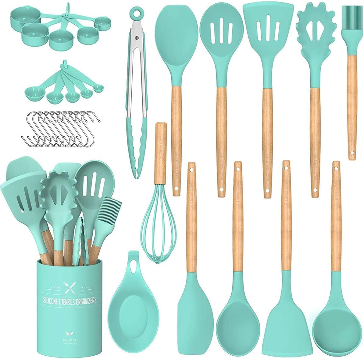 Umite Chef Kitchen Cooking Utensils Set, 33 pcs Non-Stick Silicone Cooking Kitchen Utensils Spatula Set with Holder, Wooden Handle Silicone Kitchen Gadgets Utensil Set (Khaki) - PuriLite
