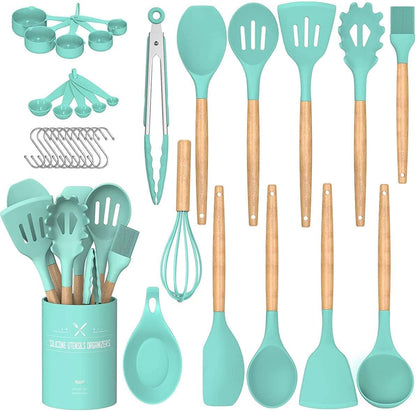 Umite Chef Kitchen Cooking Utensils Set, 33 pcs Non-Stick Silicone Cooking Kitchen Utensils Spatula Set with Holder, Wooden Handle Silicone Kitchen Gadgets Utensil Set (Khaki) - PuriLite