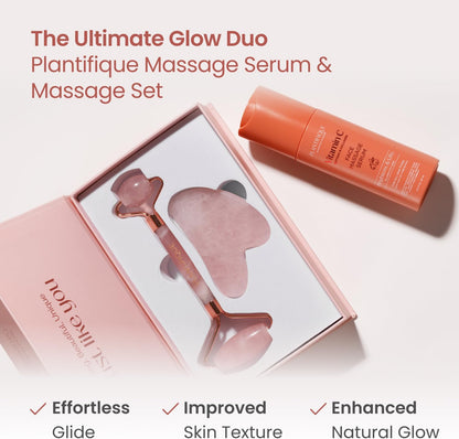 Plantifique Rose Quartz Gua Sha Facial Tool and Face Roller Set - Anti Aging Guasha Tool for Face, Eyes, Neck Massager for Lymphatic Drainage - Rouleau Visage